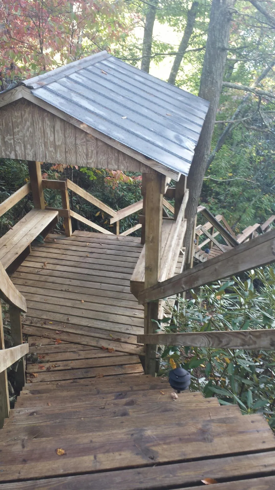 Metal roofed shelter over wooden steps on a wooded walkway — Skylight Repair & Installation work by our crew in Whitney Point